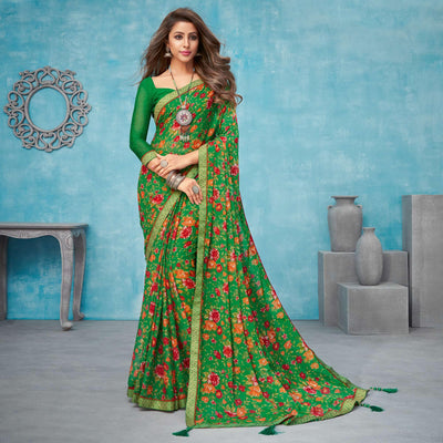 green-casual-wear-floral-printed-chiffon-saree-109111