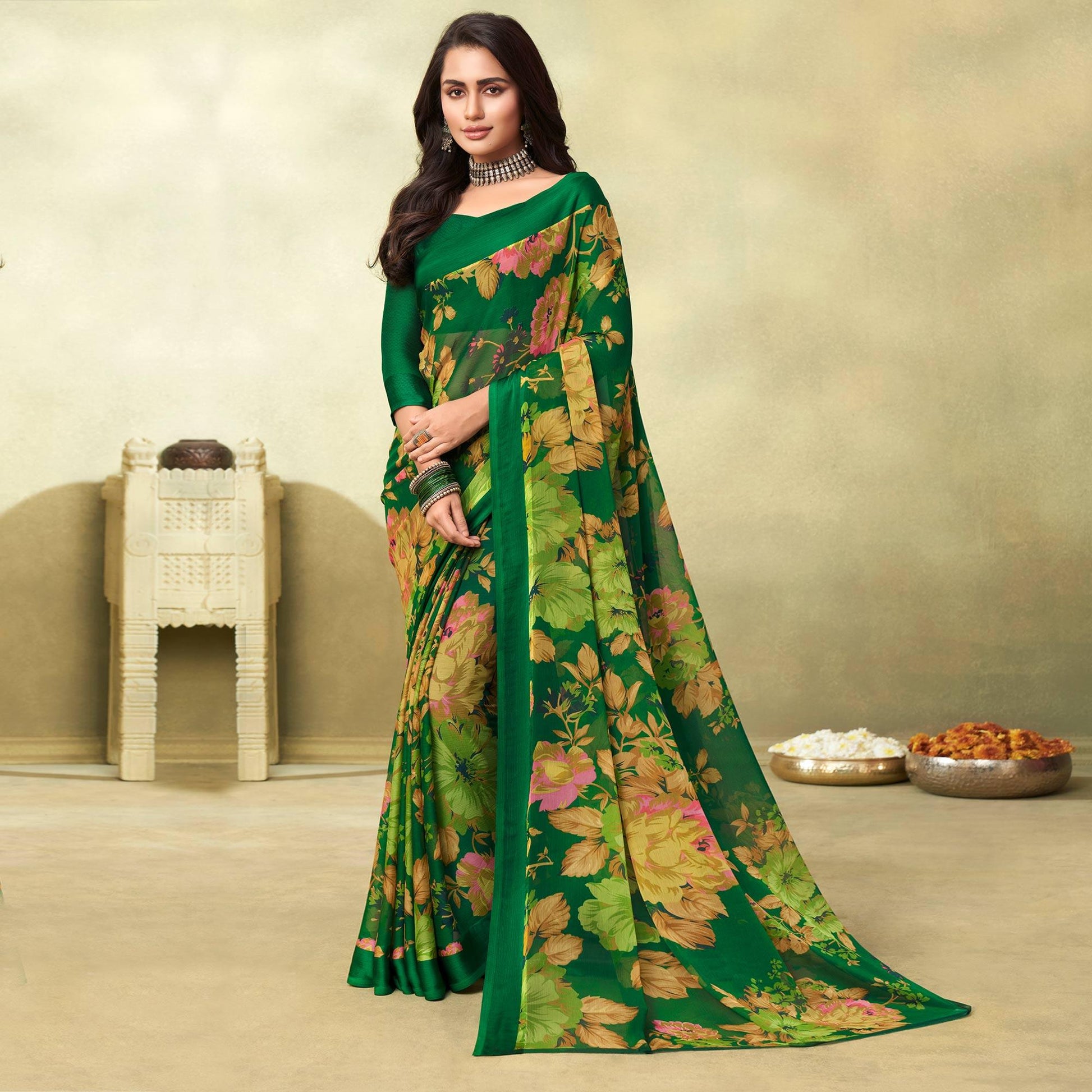 green-casual-wear-floral-printed-chiffon-saree-133902
