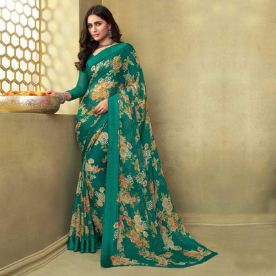 green-casual-wear-floral-printed-chiffon-saree-133886