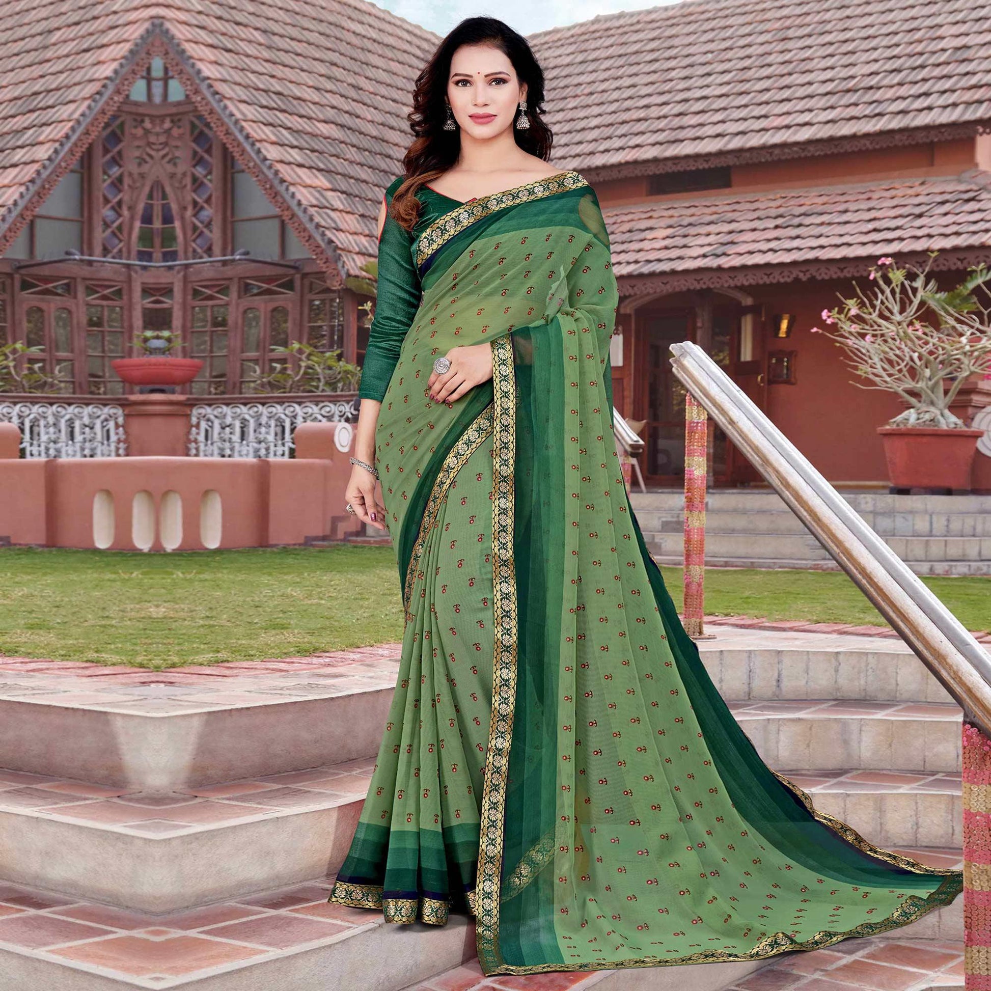 green-casual-wear-floral-printed-chiffon-saree-139693