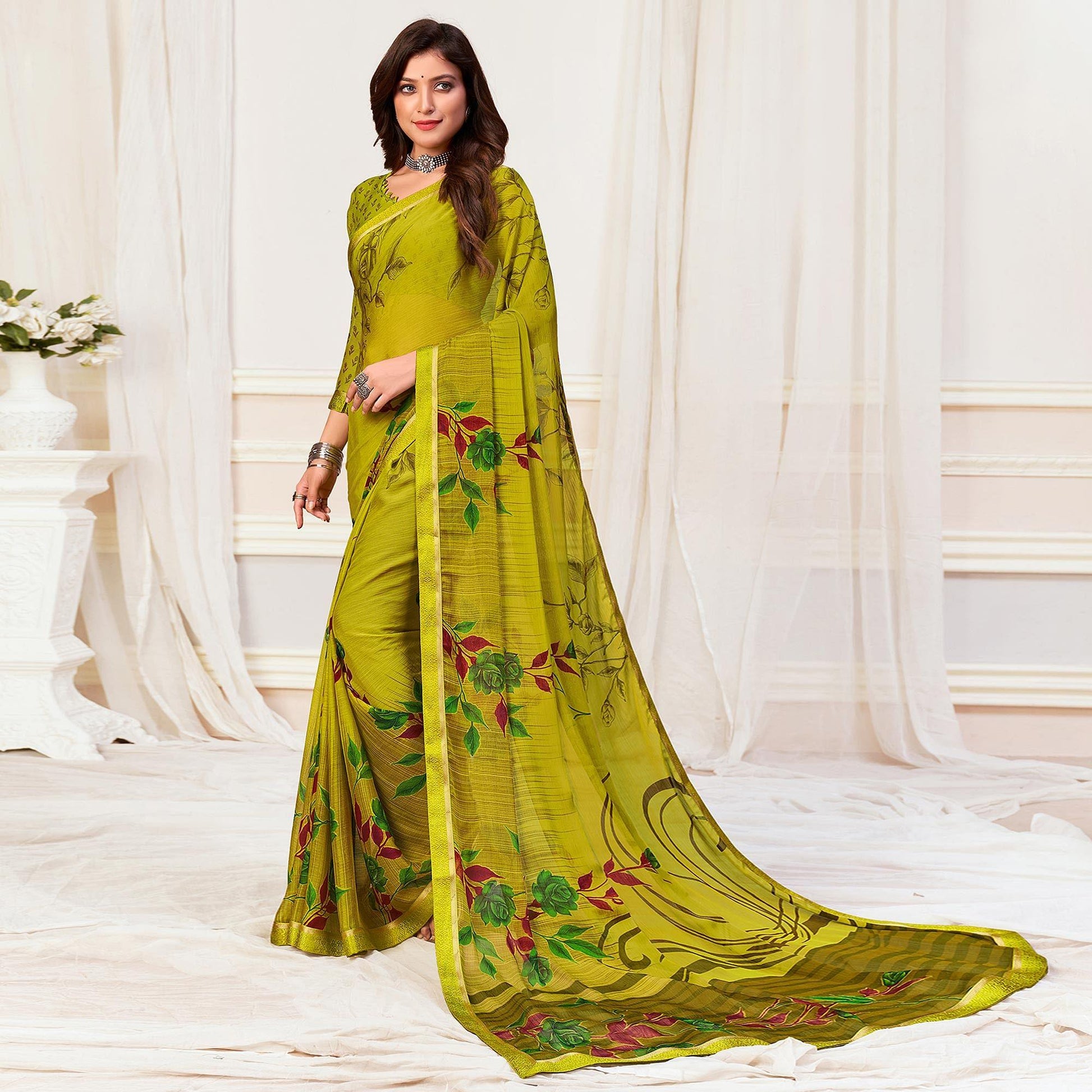 green-casual-wear-floral-printed-chiffon-saree-142081