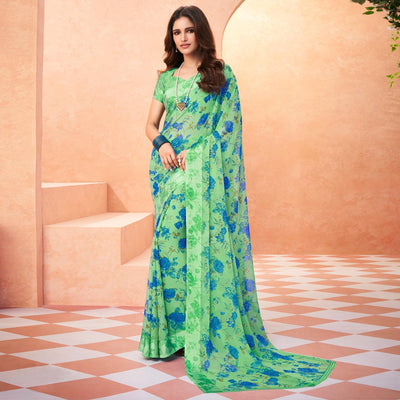 green-casual-wear-floral-printed-chiffon-saree-142009