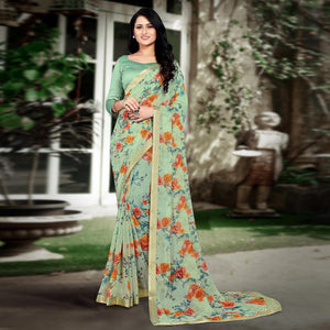 green-casual-wear-floral-printed-chiffon-saree-141116
