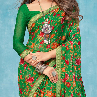 green-casual-wear-floral-printed-chiffon-saree-109111