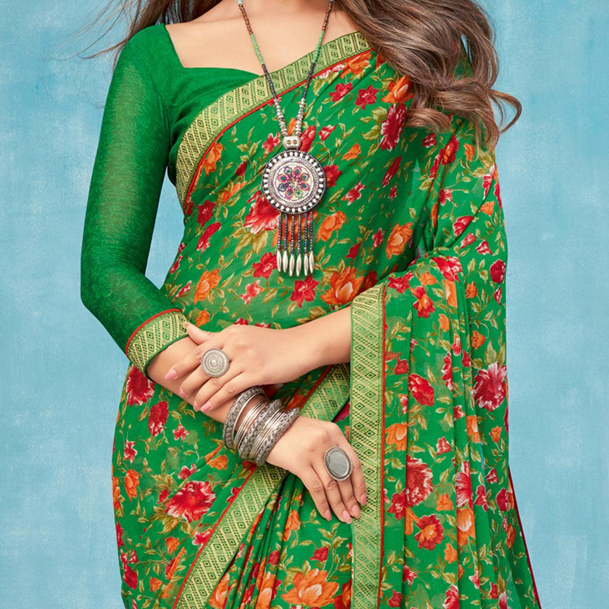 green-casual-wear-floral-printed-chiffon-saree-109111