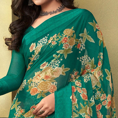 green-casual-wear-floral-printed-chiffon-saree-133886