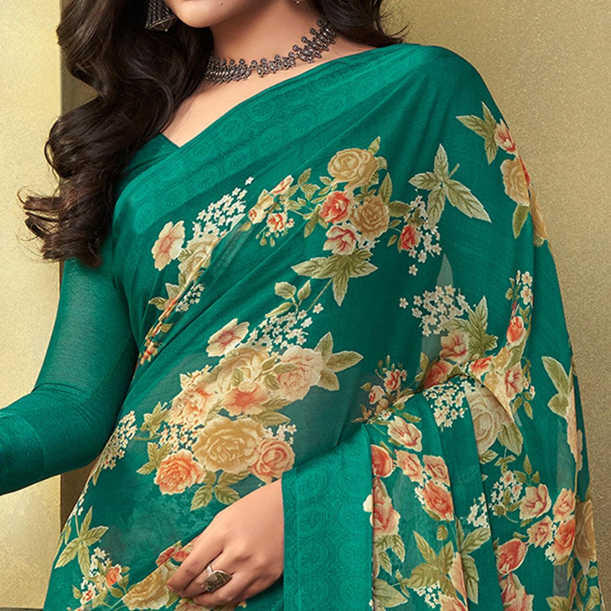 green-casual-wear-floral-printed-chiffon-saree-133886