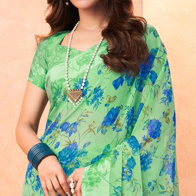 green-casual-wear-floral-printed-chiffon-saree-142009
