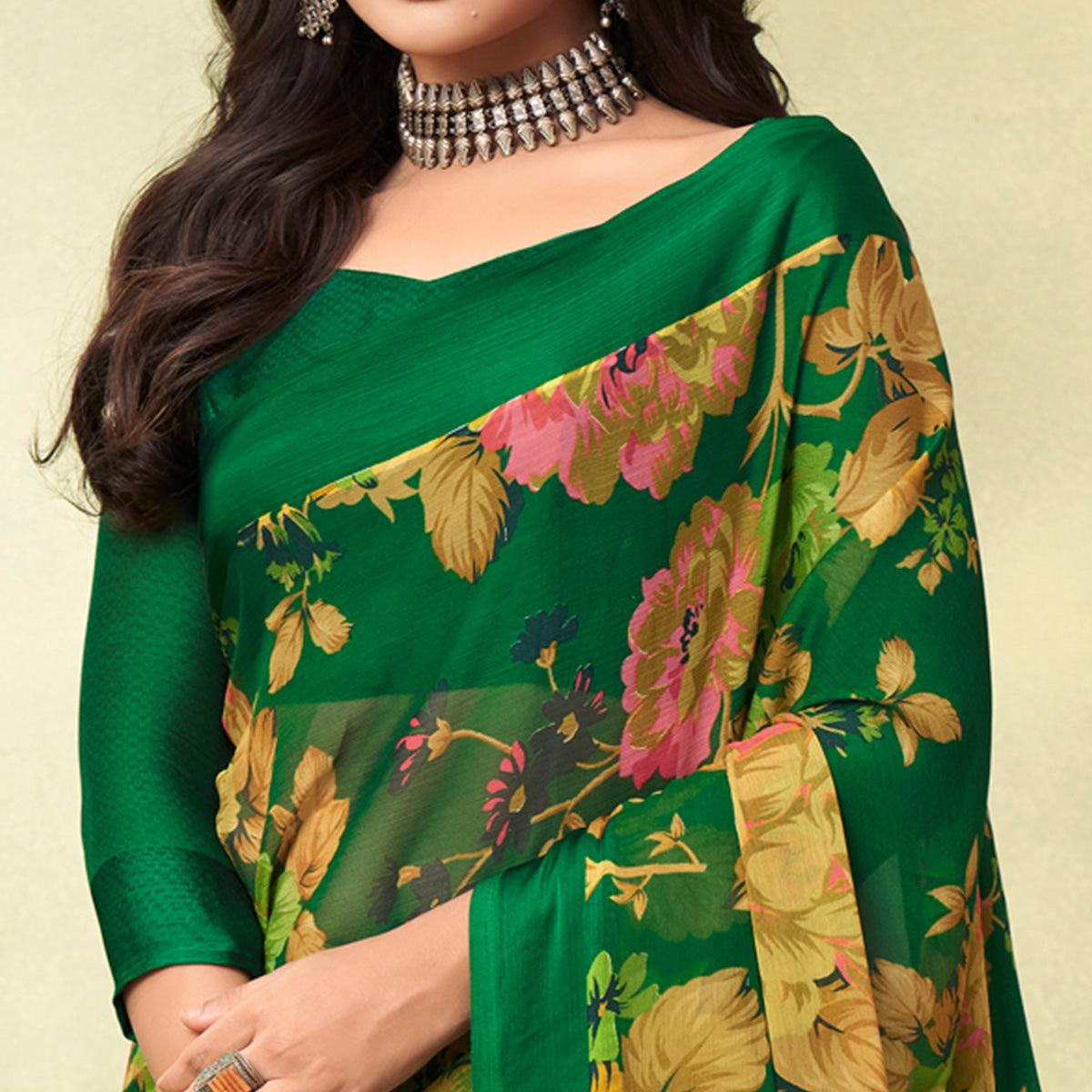 green-casual-wear-floral-printed-chiffon-saree-133902