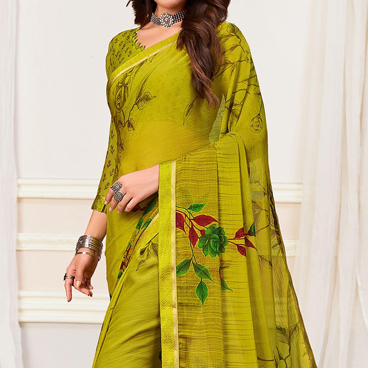 green-casual-wear-floral-printed-chiffon-saree-142081