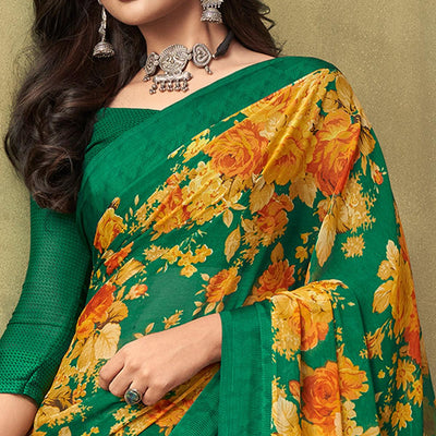 green-casual-wear-floral-printed-chiffon-saree-133891