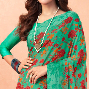 green-casual-wear-floral-printed-chiffon-saree-142007