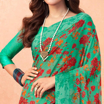 green-casual-wear-floral-printed-chiffon-saree-142007