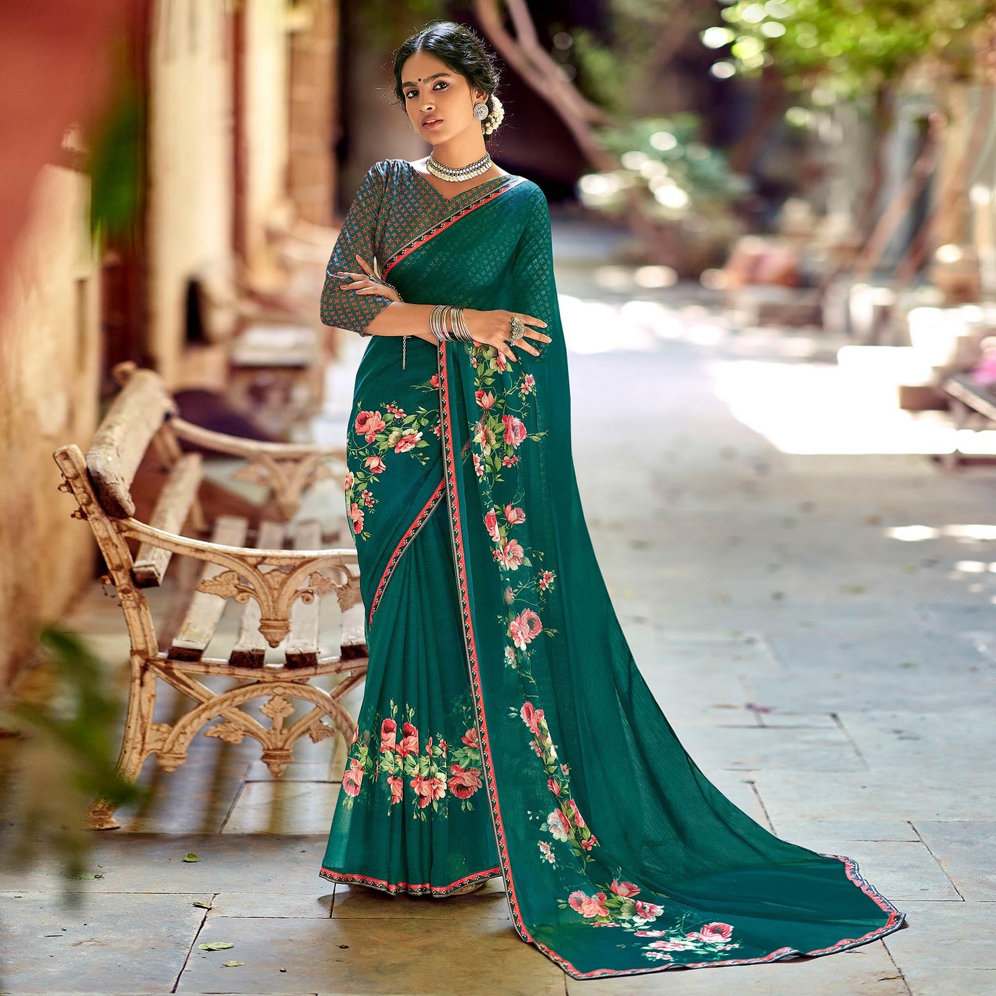 green-casual-wear-floral-printed-chiffon-saree-with-fancy-blouse-127058