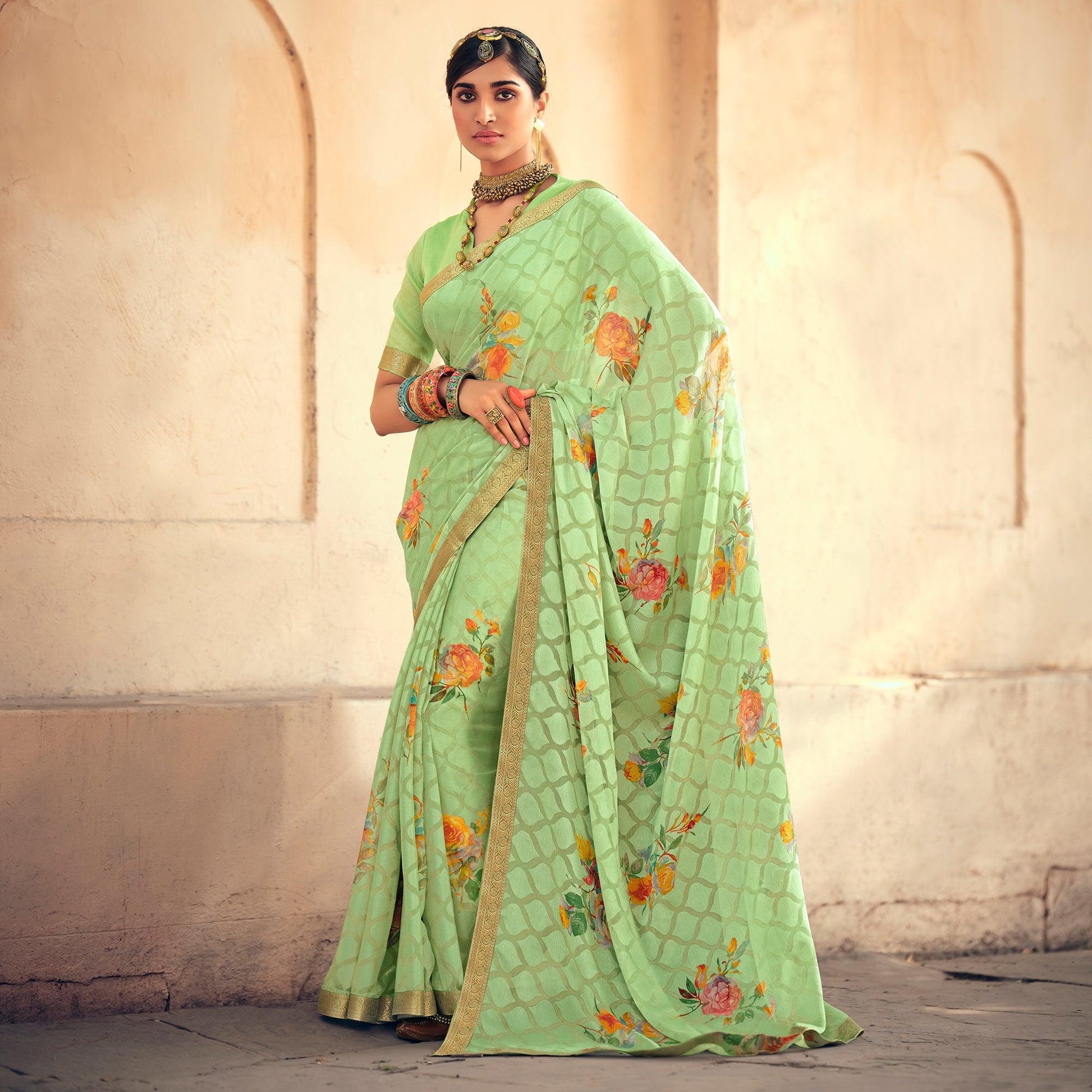 green-casual-wear-floral-printed-chiffon-saree-with-fancy-lace-127804