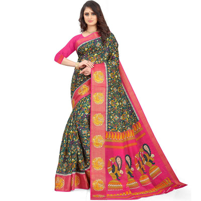 green-casual-wear-floral-printed-cotton-linen-saree-107948