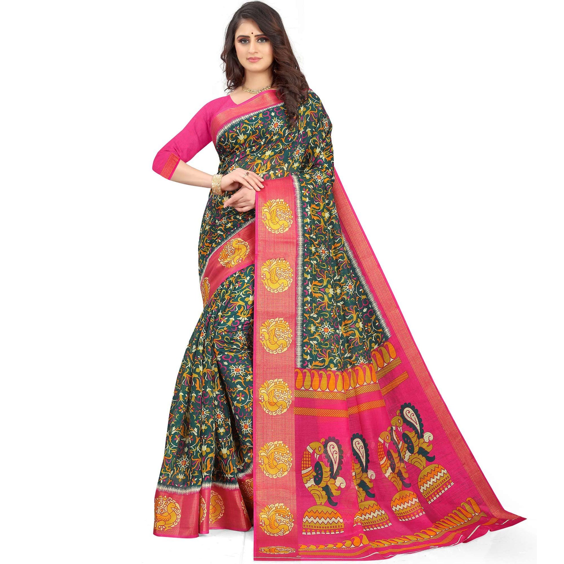 green-casual-wear-floral-printed-cotton-linen-saree-107948