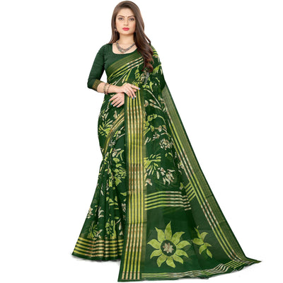 green-casual-wear-floral-printed-cotton-linen-saree-107955