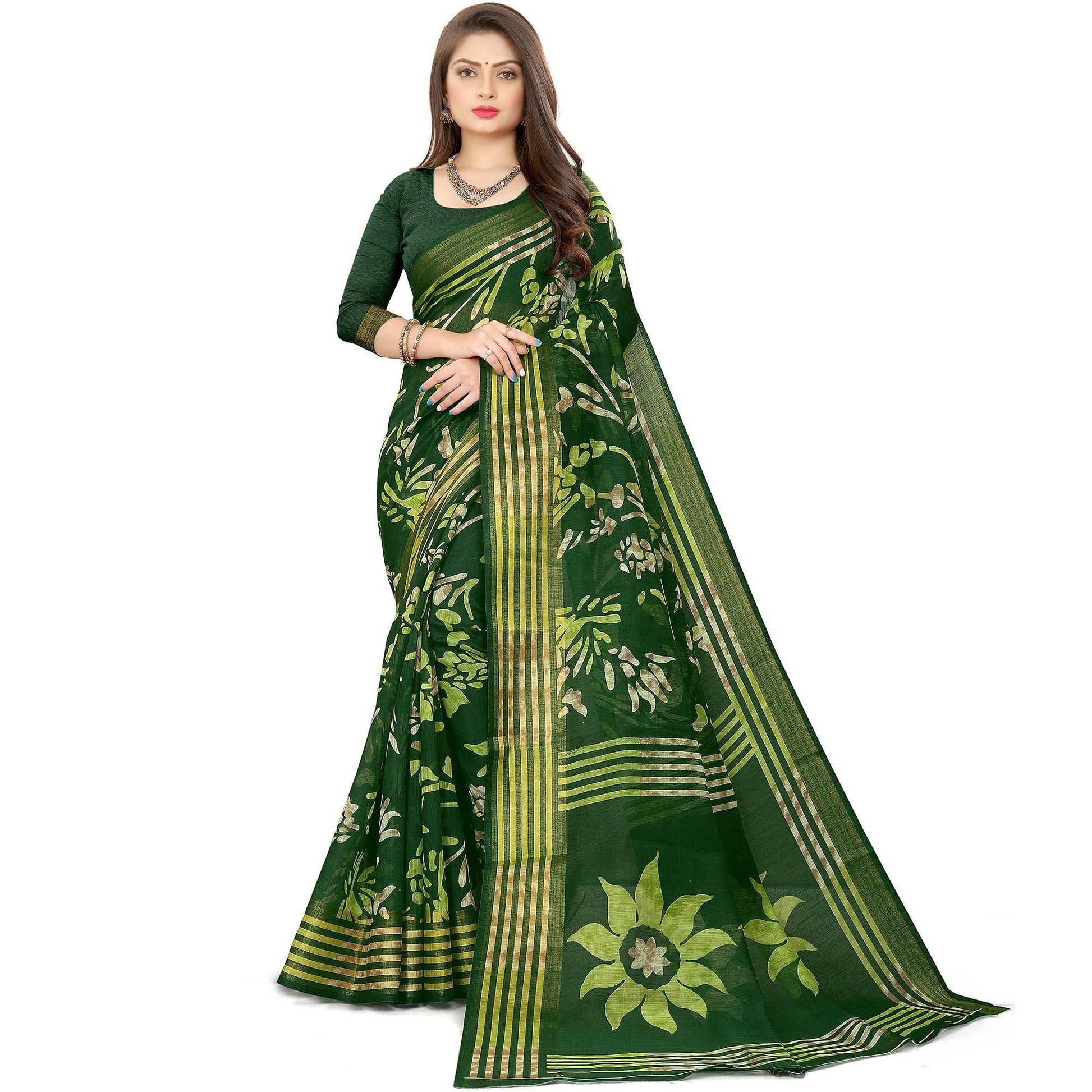 green-casual-wear-floral-printed-cotton-linen-saree-107955