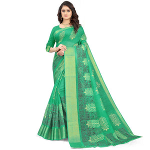 green-casual-wear-floral-printed-cotton-linen-saree-107963