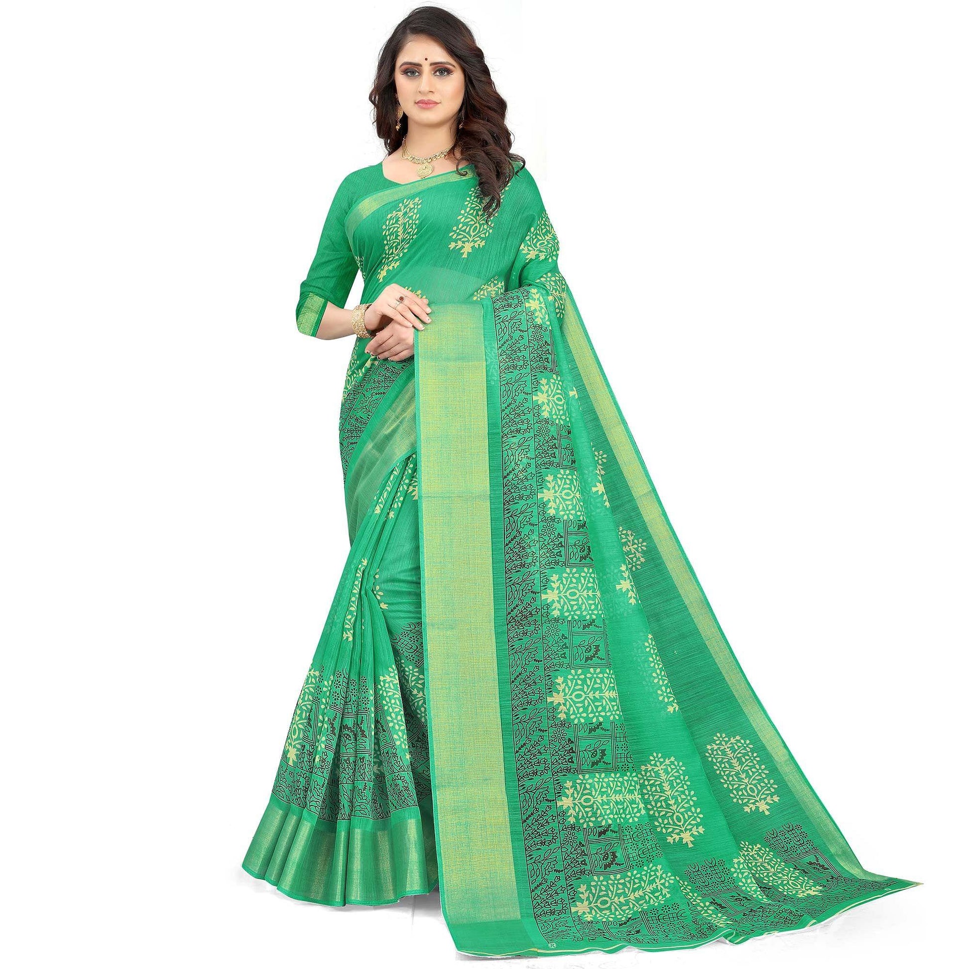 green-casual-wear-floral-printed-cotton-linen-saree-107963