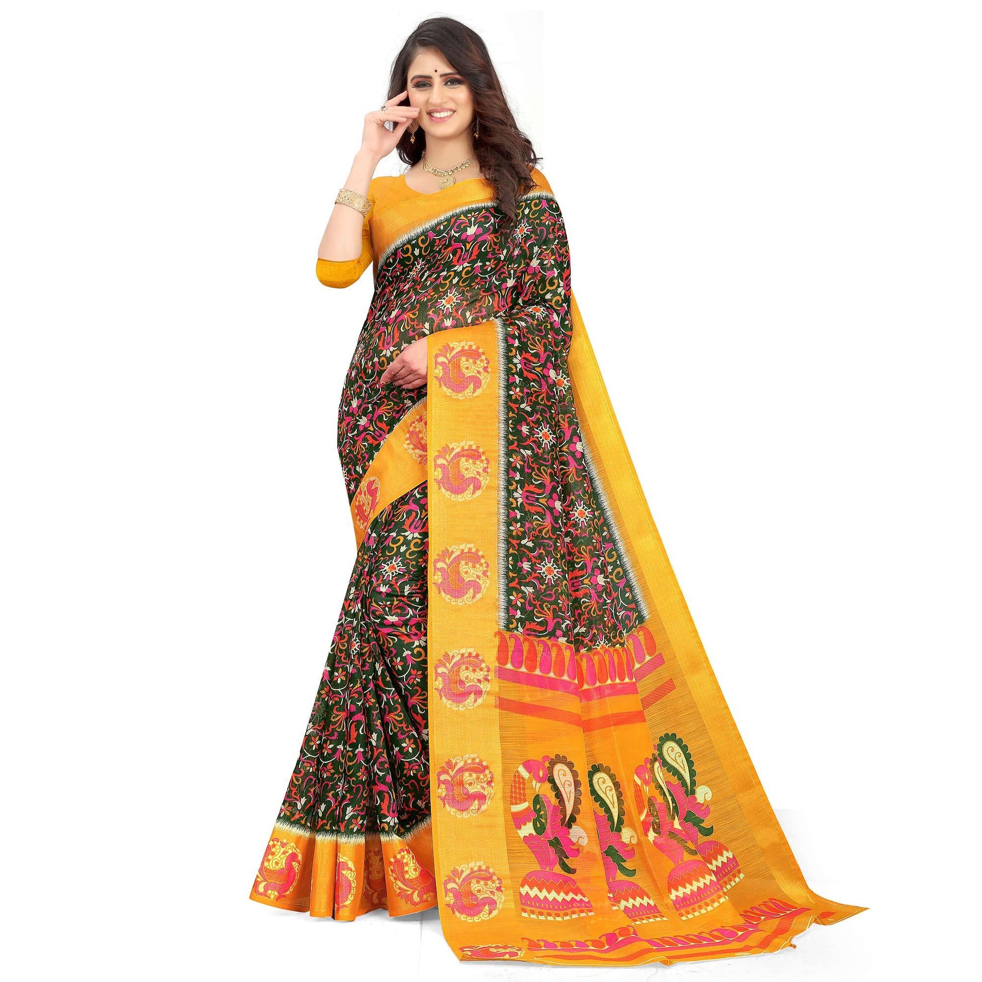 green-casual-wear-floral-printed-cotton-linen-saree-107950