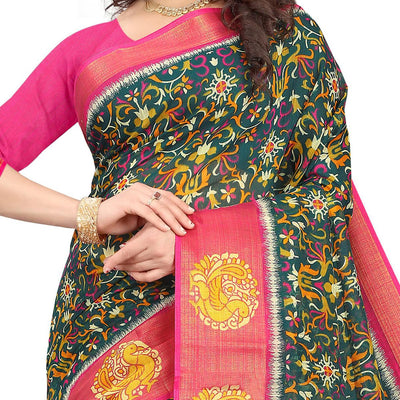green-casual-wear-floral-printed-cotton-linen-saree-107948