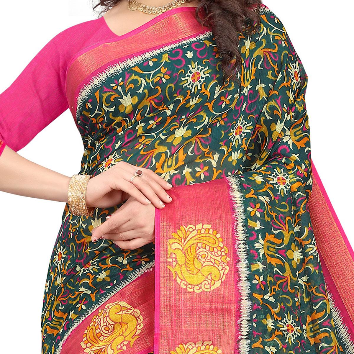 green-casual-wear-floral-printed-cotton-linen-saree-107948