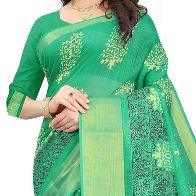 green-casual-wear-floral-printed-cotton-linen-saree-107963