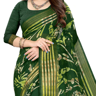green-casual-wear-floral-printed-cotton-linen-saree-107955