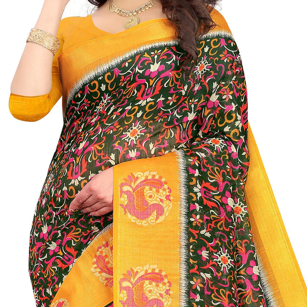 green-casual-wear-floral-printed-cotton-linen-saree-107950
