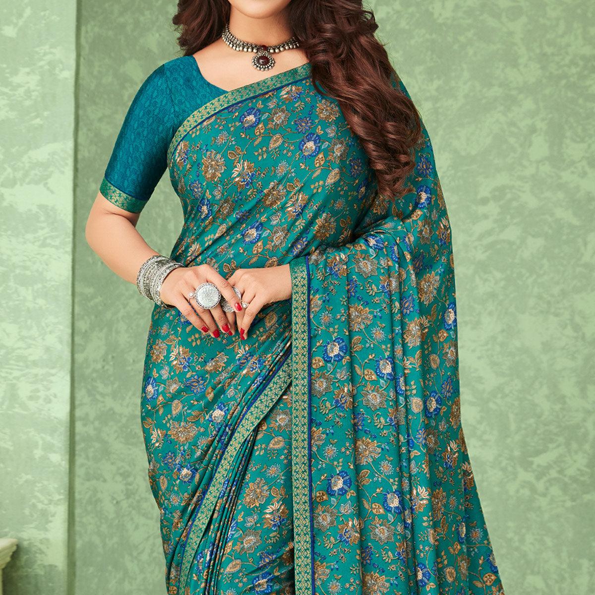 green-casual-wear-floral-printed-silk-crepe-saree-with-banarasi-border-131180