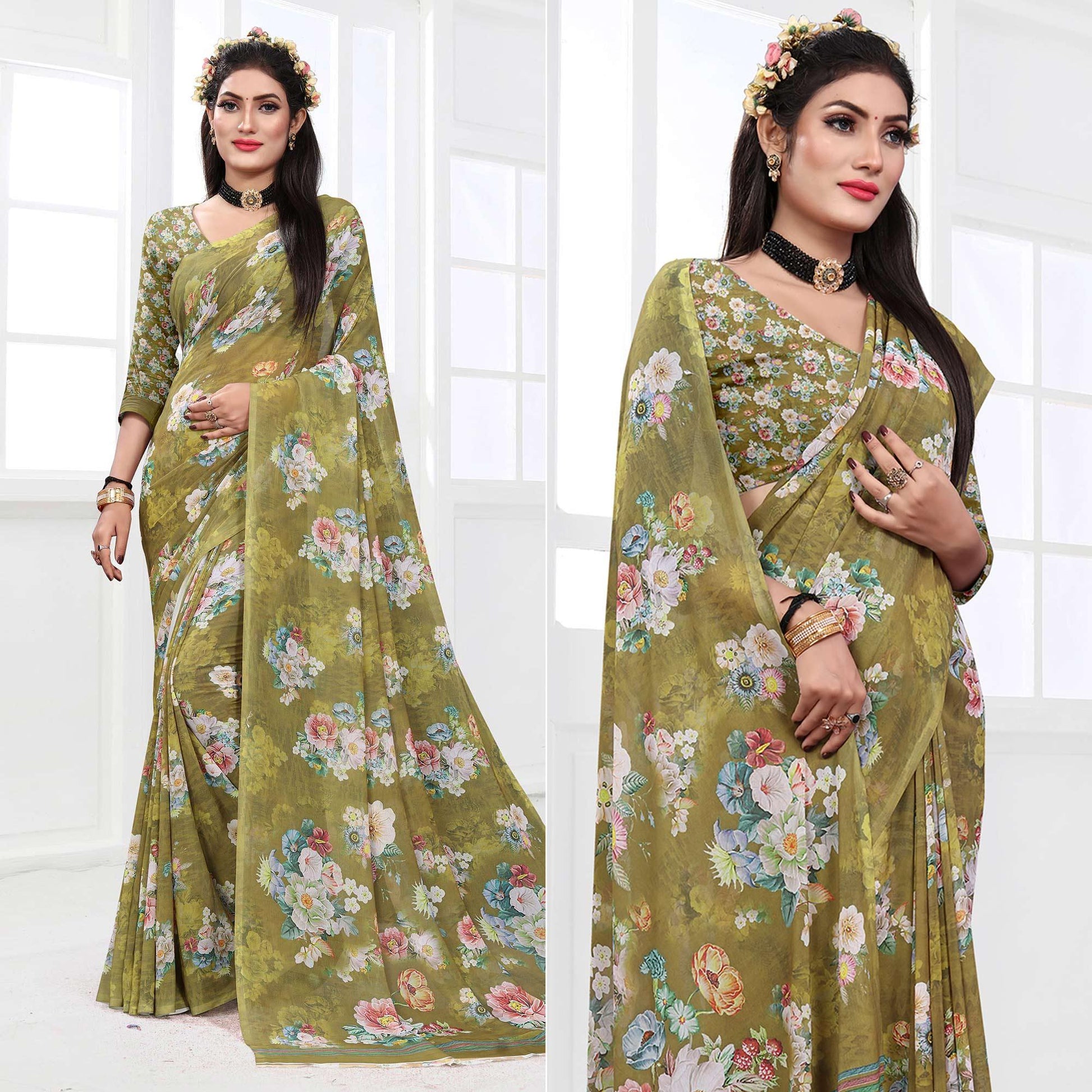 green-casual-wear-floral-printed-georgette-saree-140902