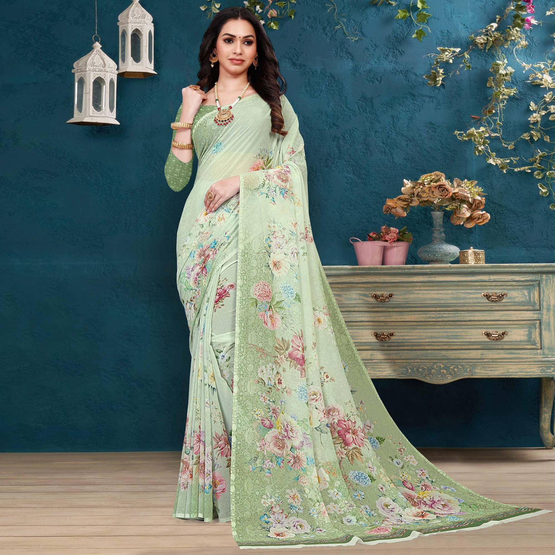 green-casual-wear-digital-printed-georgette-saree-139307