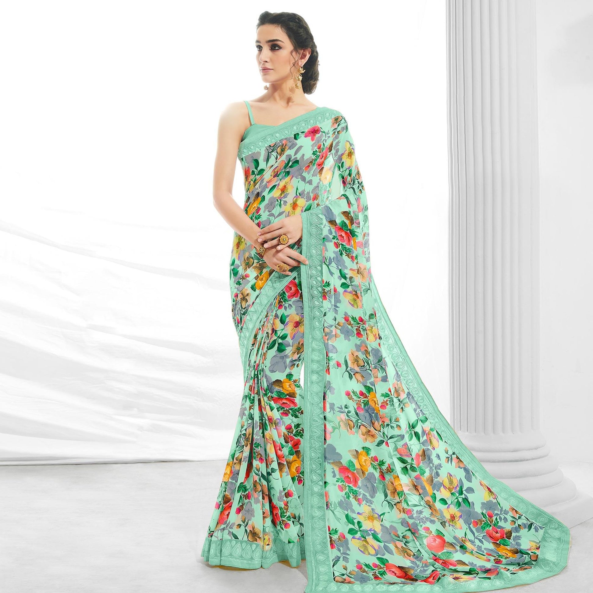 green-casual-wear-floral-printed-georgette-saree-118536