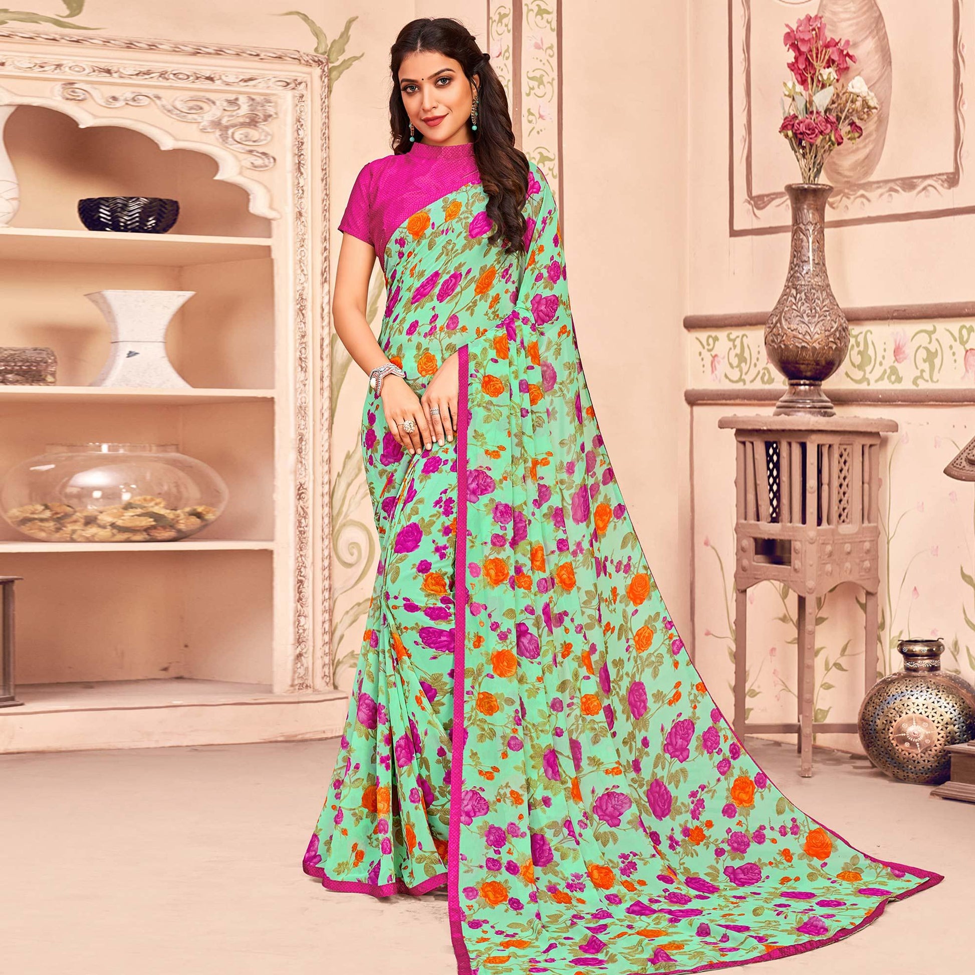 green-casual-wear-floral-printed-georgette-saree-138232