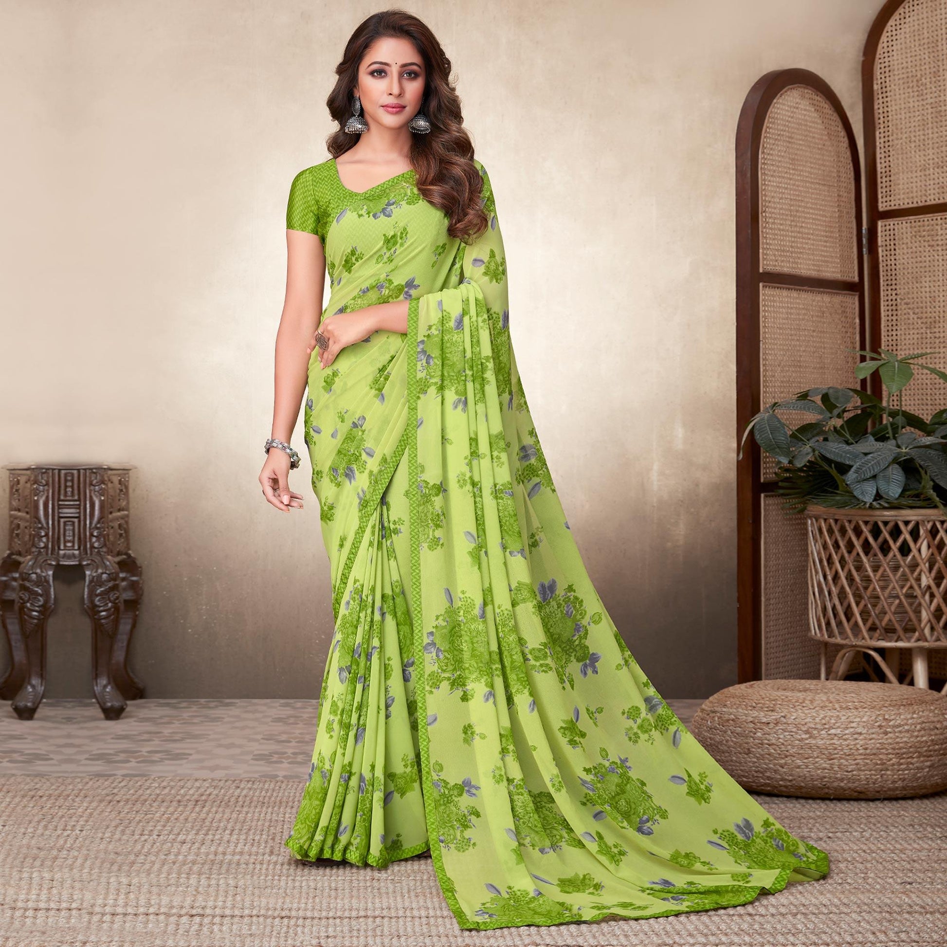 green-casual-wear-floral-printed-georgette-saree-139433