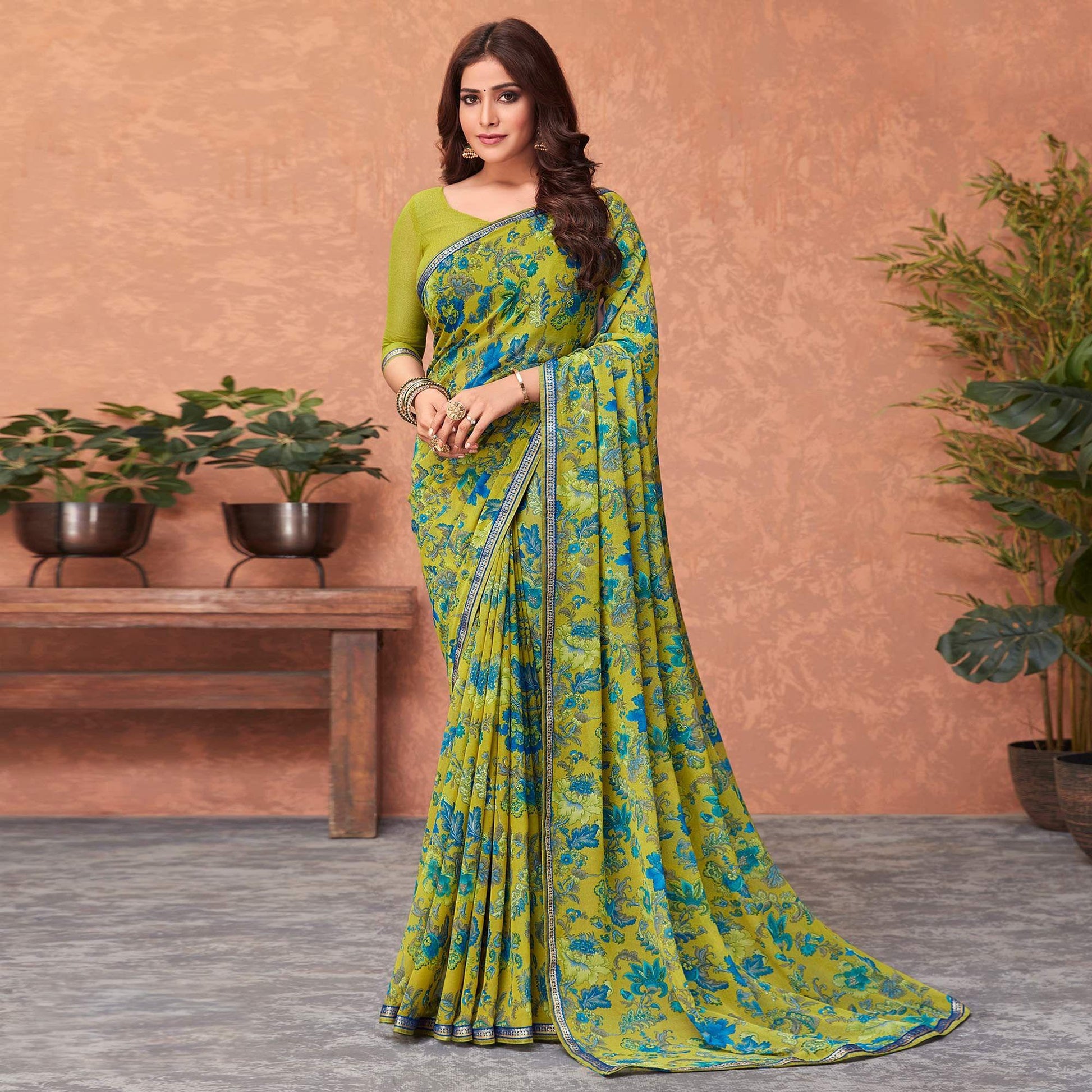 green-casual-wear-floral-printed-georgette-saree-141992