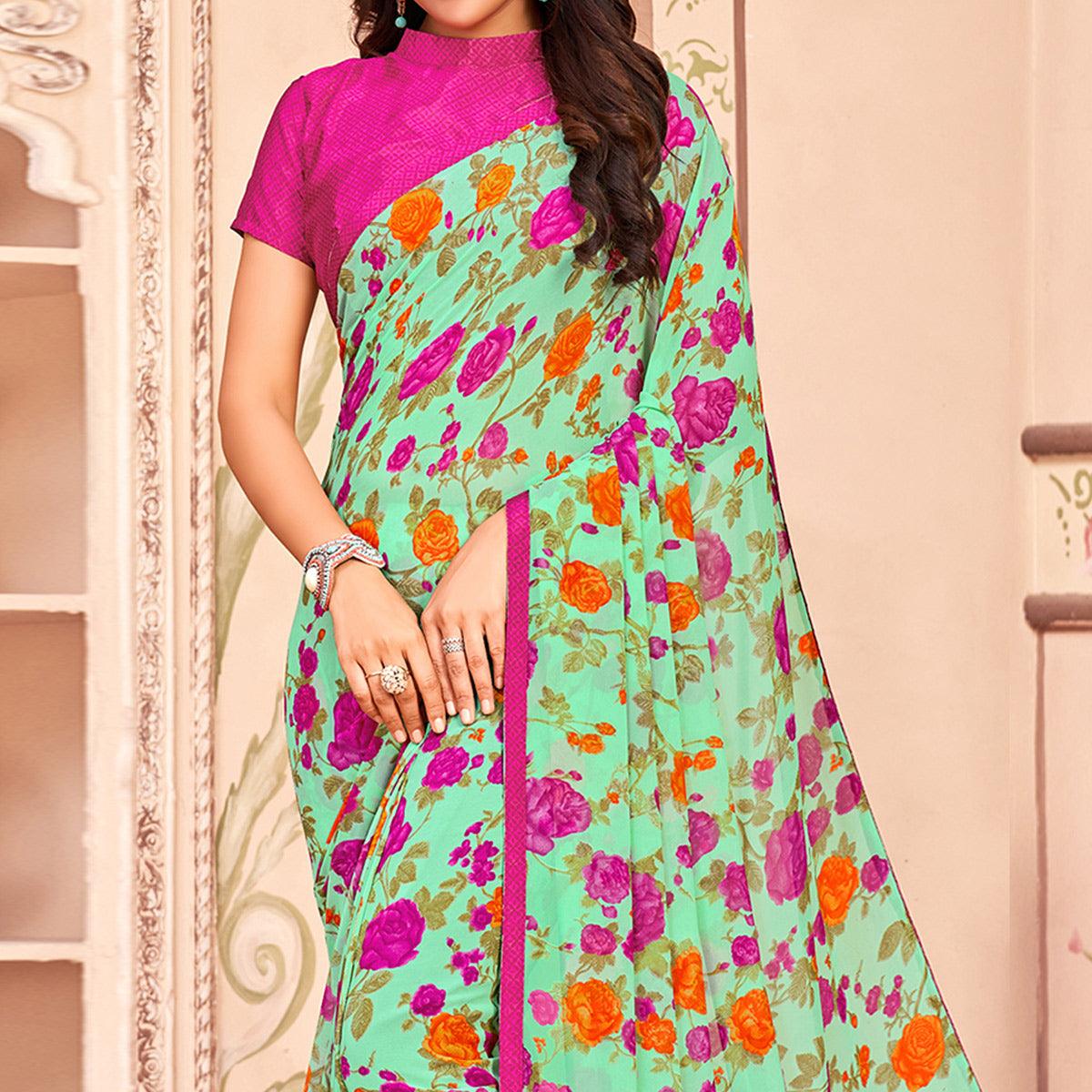 green-casual-wear-floral-printed-georgette-saree-138232