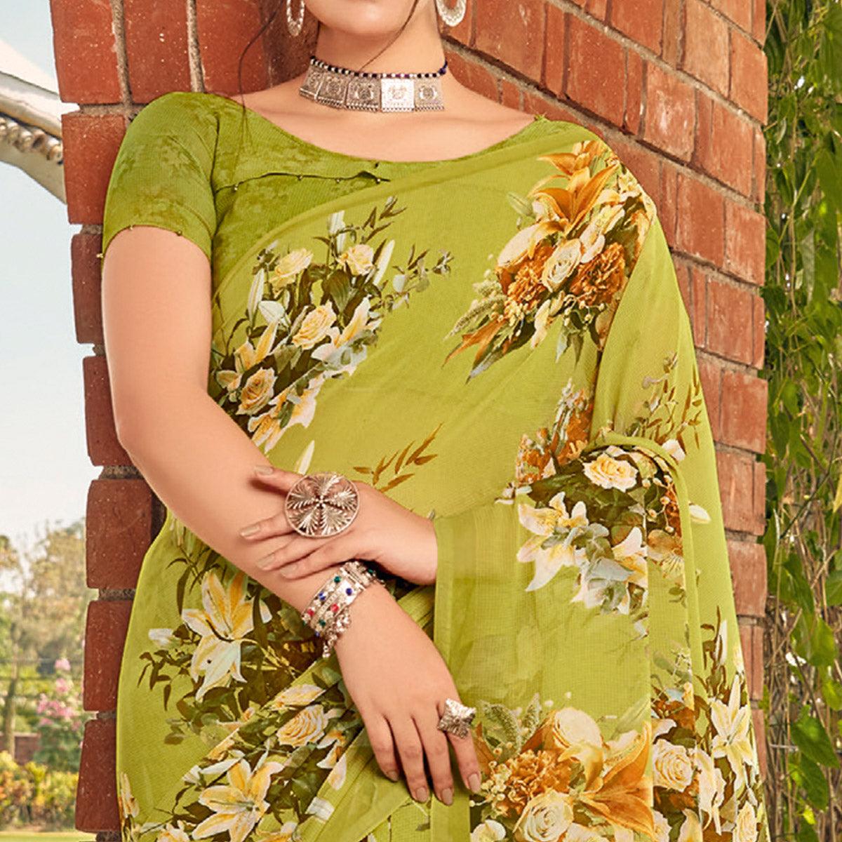 green-casual-wear-floral-printed-viscose-georgette-saree-112472