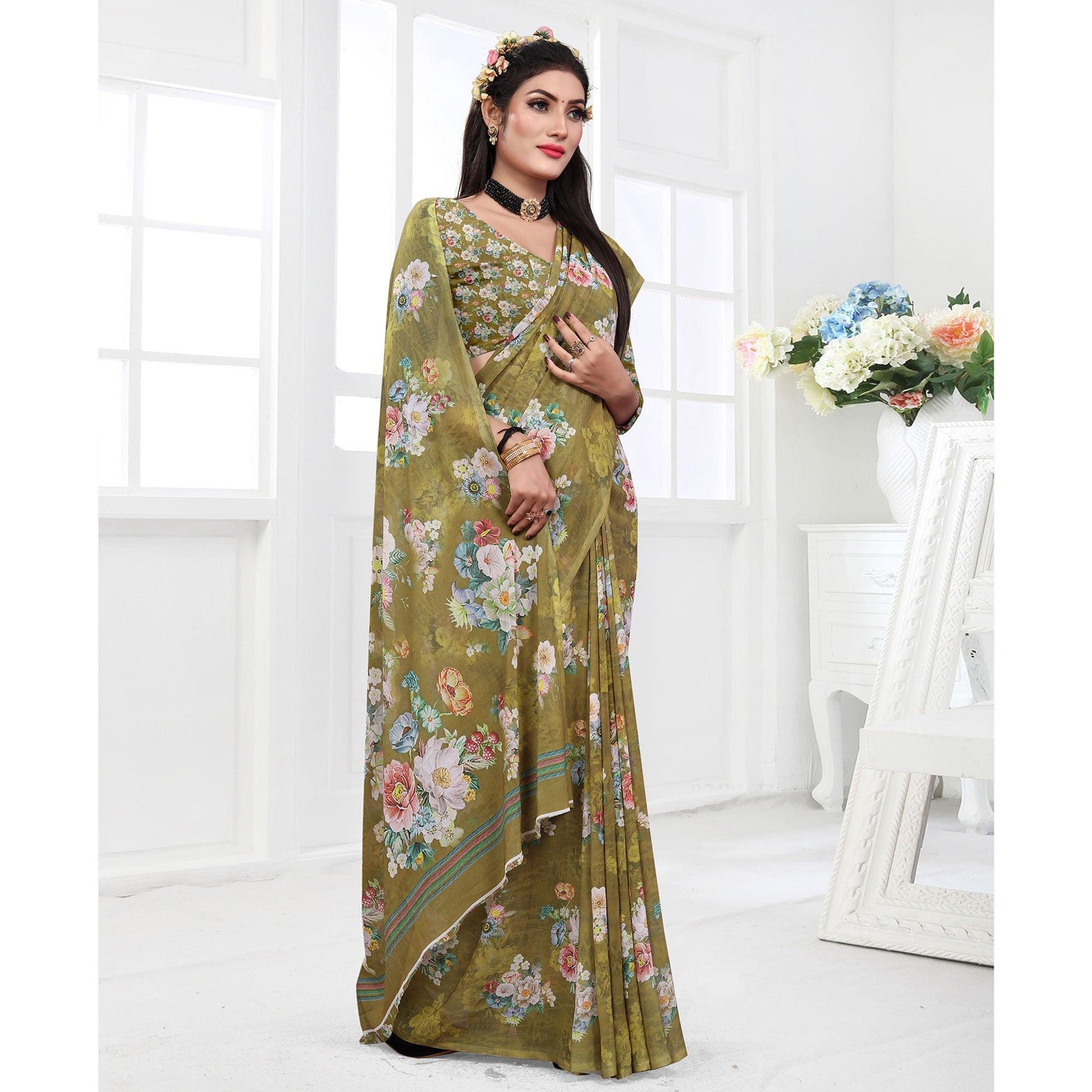 green-casual-wear-floral-printed-georgette-saree-140902