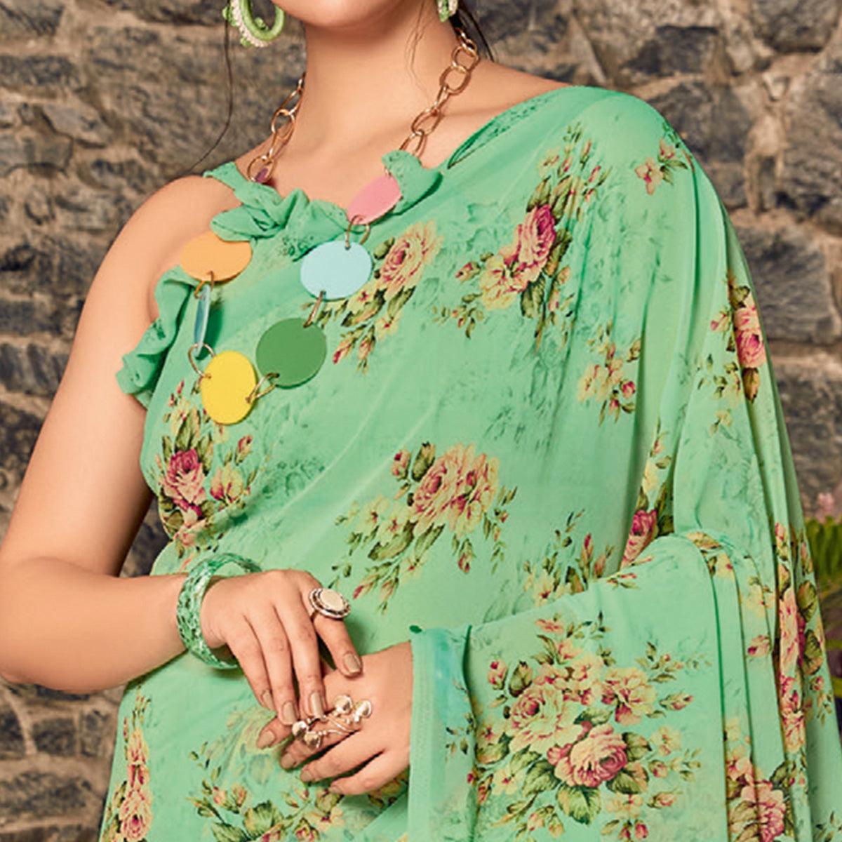 green-casual-wear-floral-printed-viscose-georgette-saree-112468