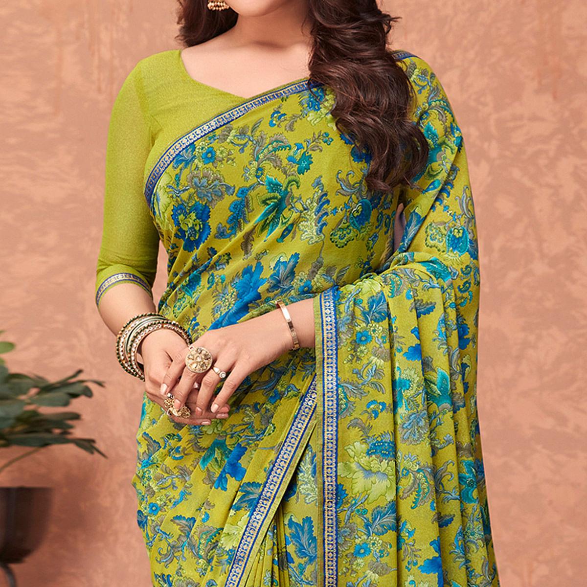 green-casual-wear-floral-printed-georgette-saree-141992