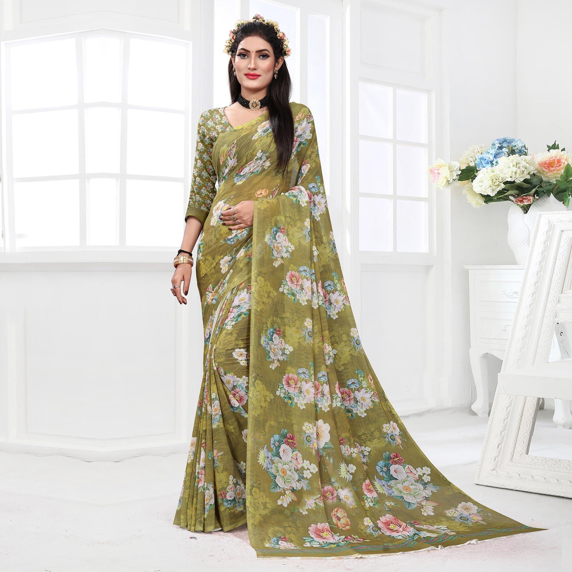 green-casual-wear-floral-printed-georgette-saree-140902