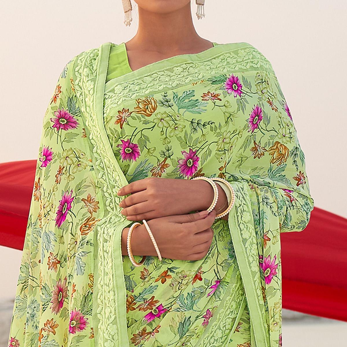 green-casual-wear-floral-printed-georgette-saree-142342