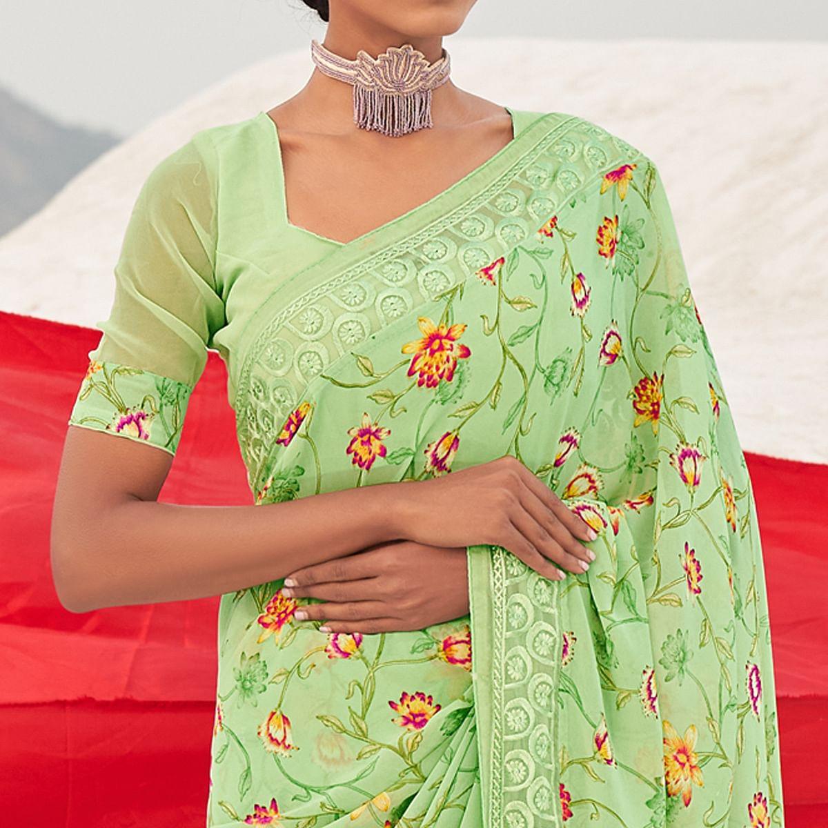 green-casual-wear-floral-printed-georgette-saree-142348