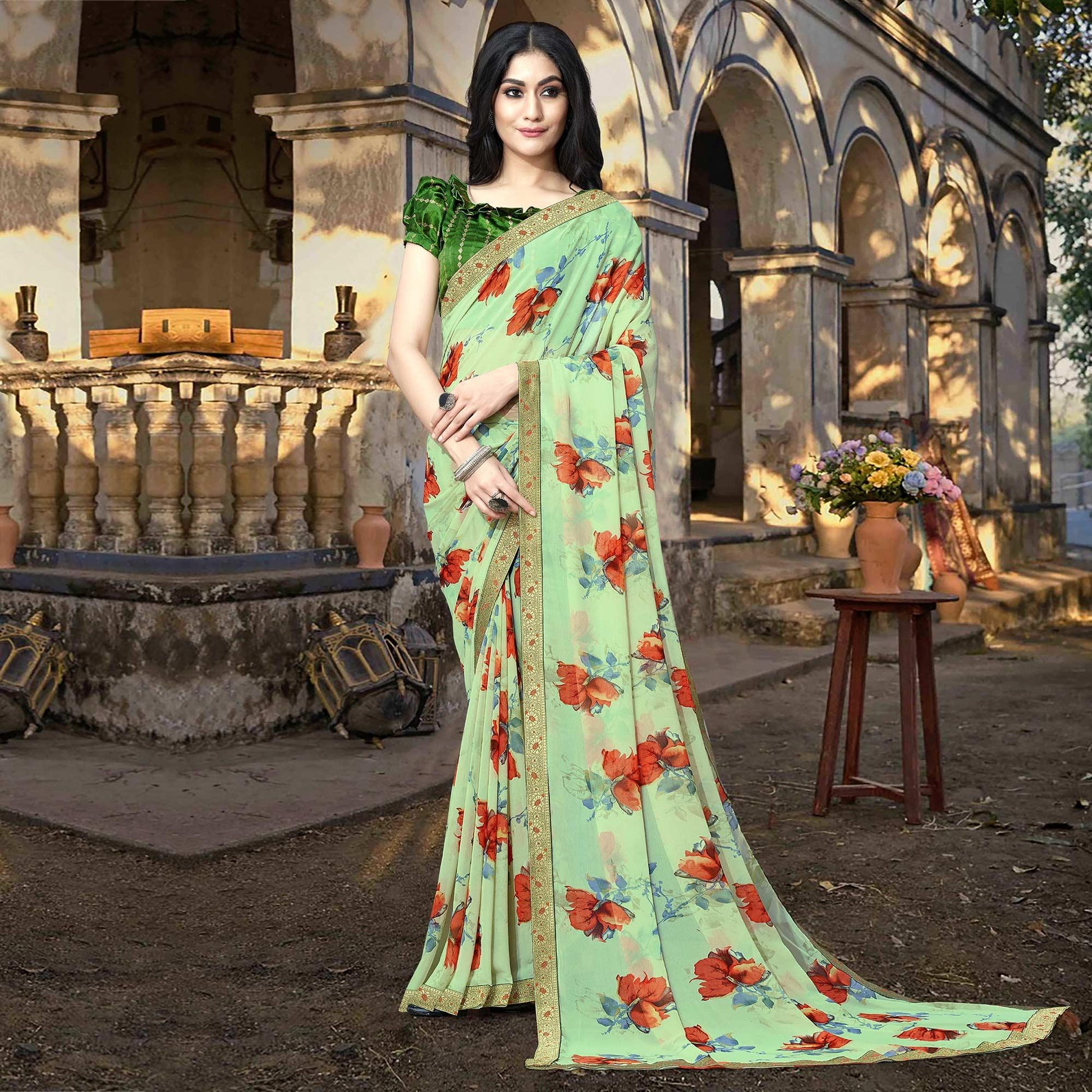 green-casual-wear-floral-printed-georgette-saree-with-lace-border-139684