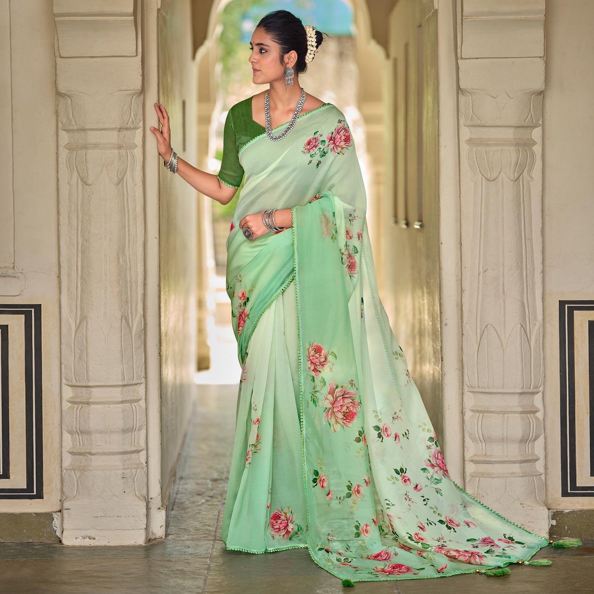 green-casual-wear-floral-printed-heavy-organza-silk-saree-126603