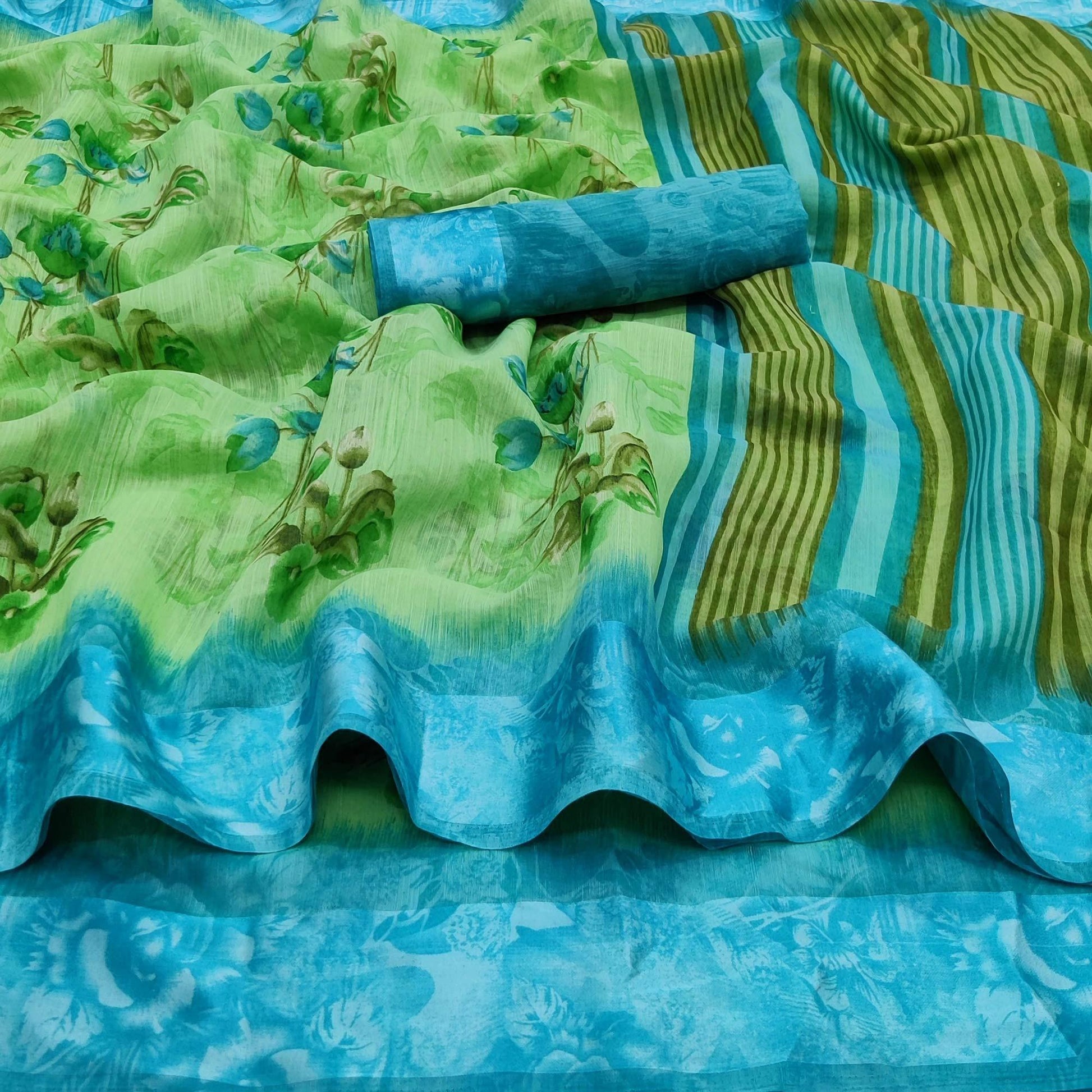 green-casual-wear-floral-printed-linen-satin-saree-137040