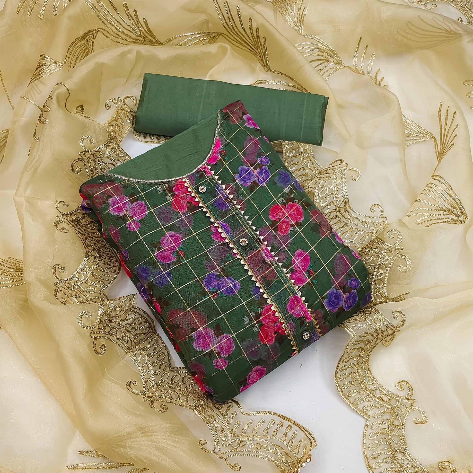 green-casual-wear-floral-printed-with-checks-chanderi-dress-material-130538